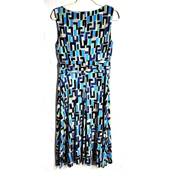 Dressbarn Dress Size 10 Blue & Black Geometric Print Scoop Neck Ruched Waist - Picture 2 of 8
